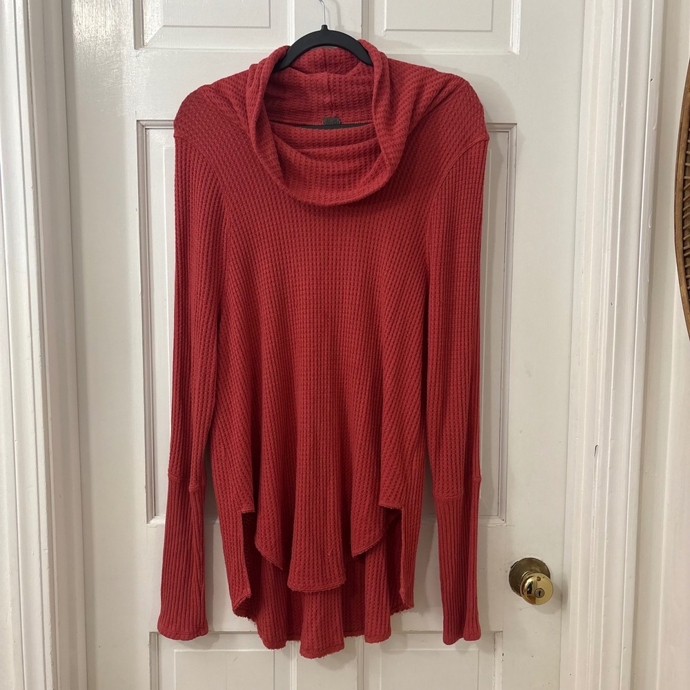 We The Free People Thermal Waffle Knit Tunic L Red Cowl Neck Boho  Rustic Fall